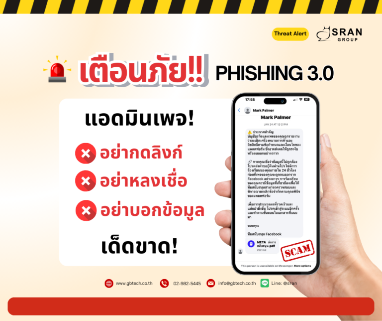 ตัวอย่างข้อความ Phishing 3.0 ขู่ปิดเพจ Facebook ละเมิดลิขสิทธิ์