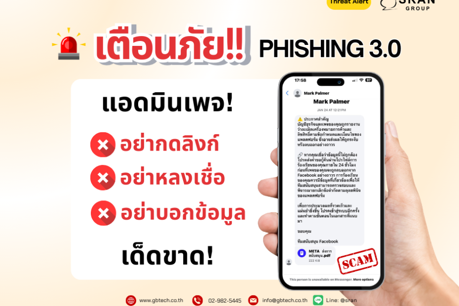 ตัวอย่างข้อความ Phishing 3.0 ขู่ปิดเพจ Facebook ละเมิดลิขสิทธิ์